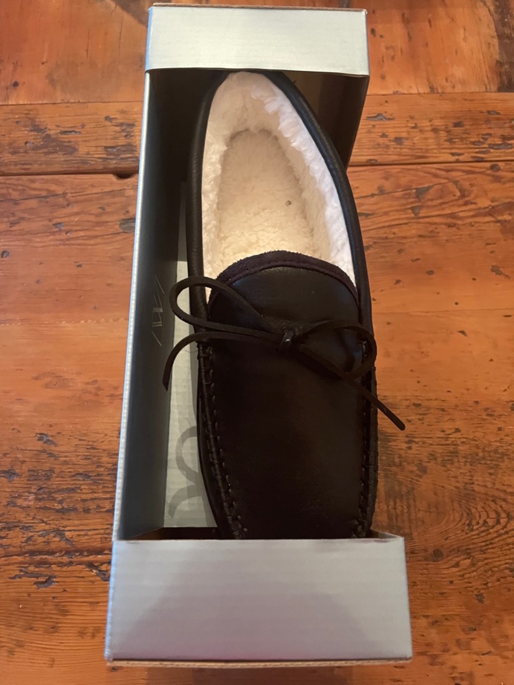 Men's Black Leather Slip-On Moccasin with Plush Cream Lining